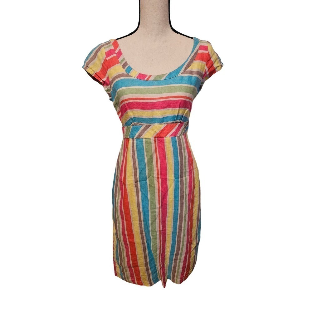 Seasalt Cornwall 100% Linen Striped Dress US‎ 4 Multicolor Belted Midi Coastal